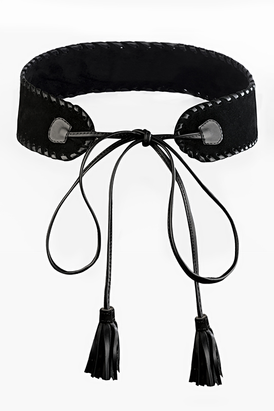Matt black women's dress belt, matching pumps and bags. Made to measure. Top view - Florence KOOIJMAN